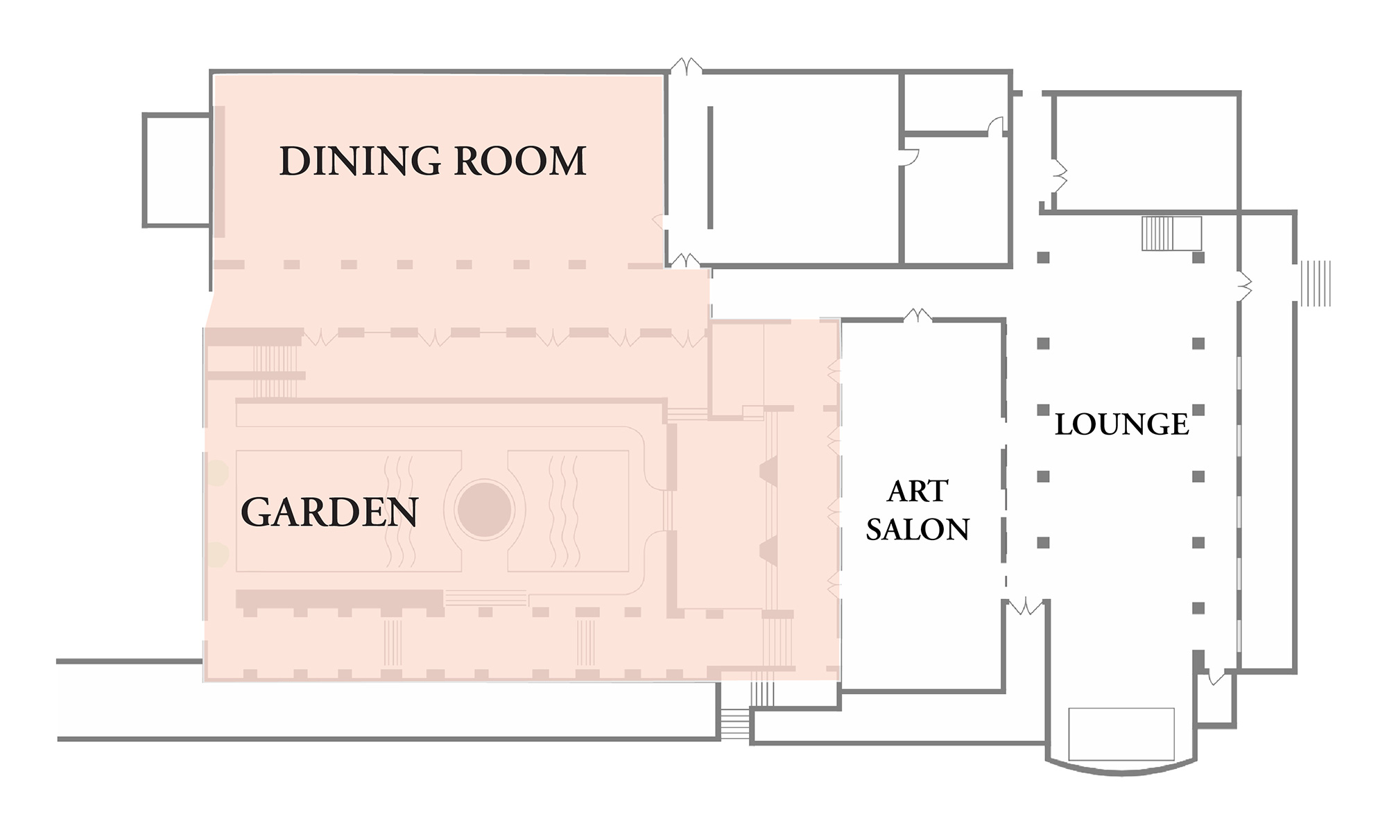 Ebell Club Floor Plan. Dining Room and Garden
