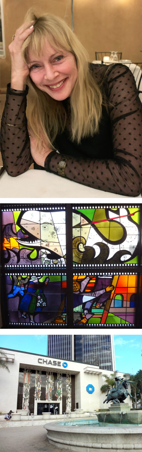 portrait of Victoria Lautman (top), glass mosaic of whale (middle), front of Chase bank (bottom)