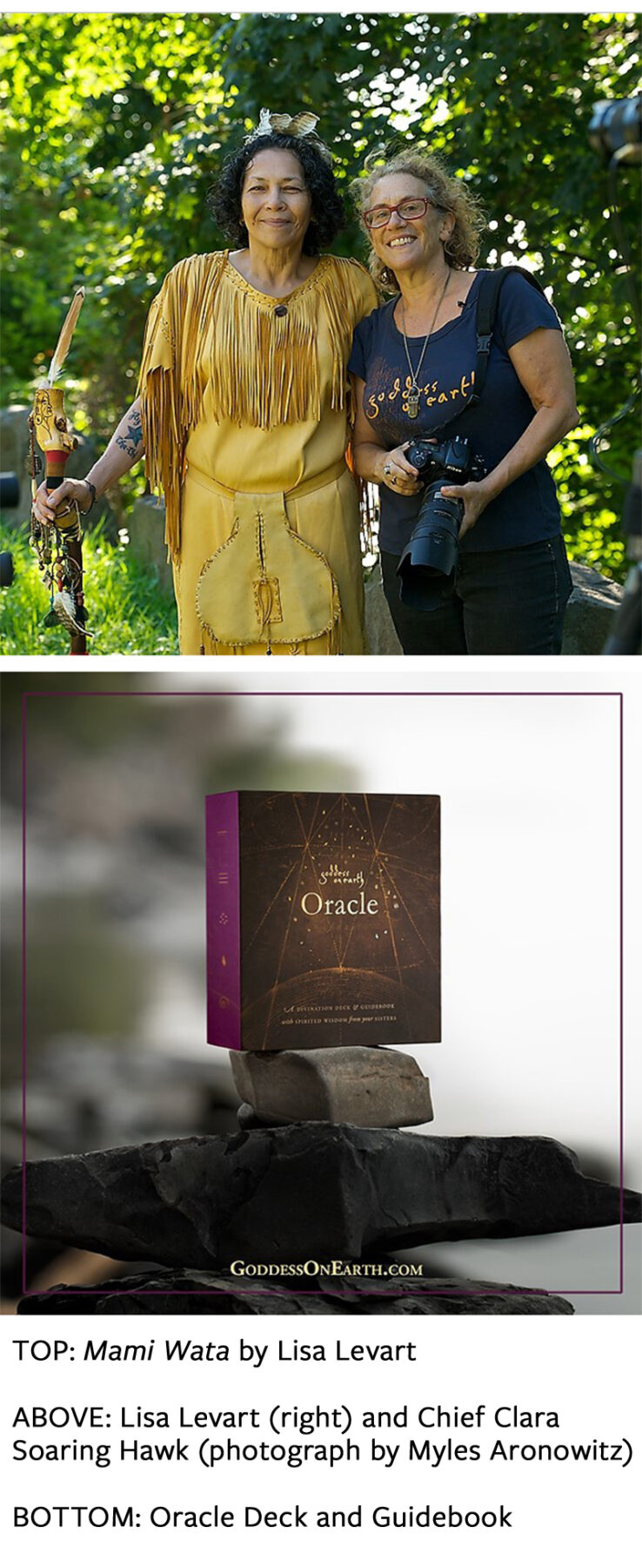 Lisa Levart and Chief Clara Soaring Hawk posing in an outdoor area; product photo of Oracle Deck and Guidebook