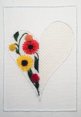 Our card this year was inspired by this stunning piece of needlework created by Chloe Ginsburg.  The flowers represented are the Gerbera daisy, the sunflower, yellow rose, and chrysanthemum, all of which are signifiers of friendship